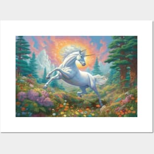 Majestic Unicorn Amidst Flowers Posters and Art